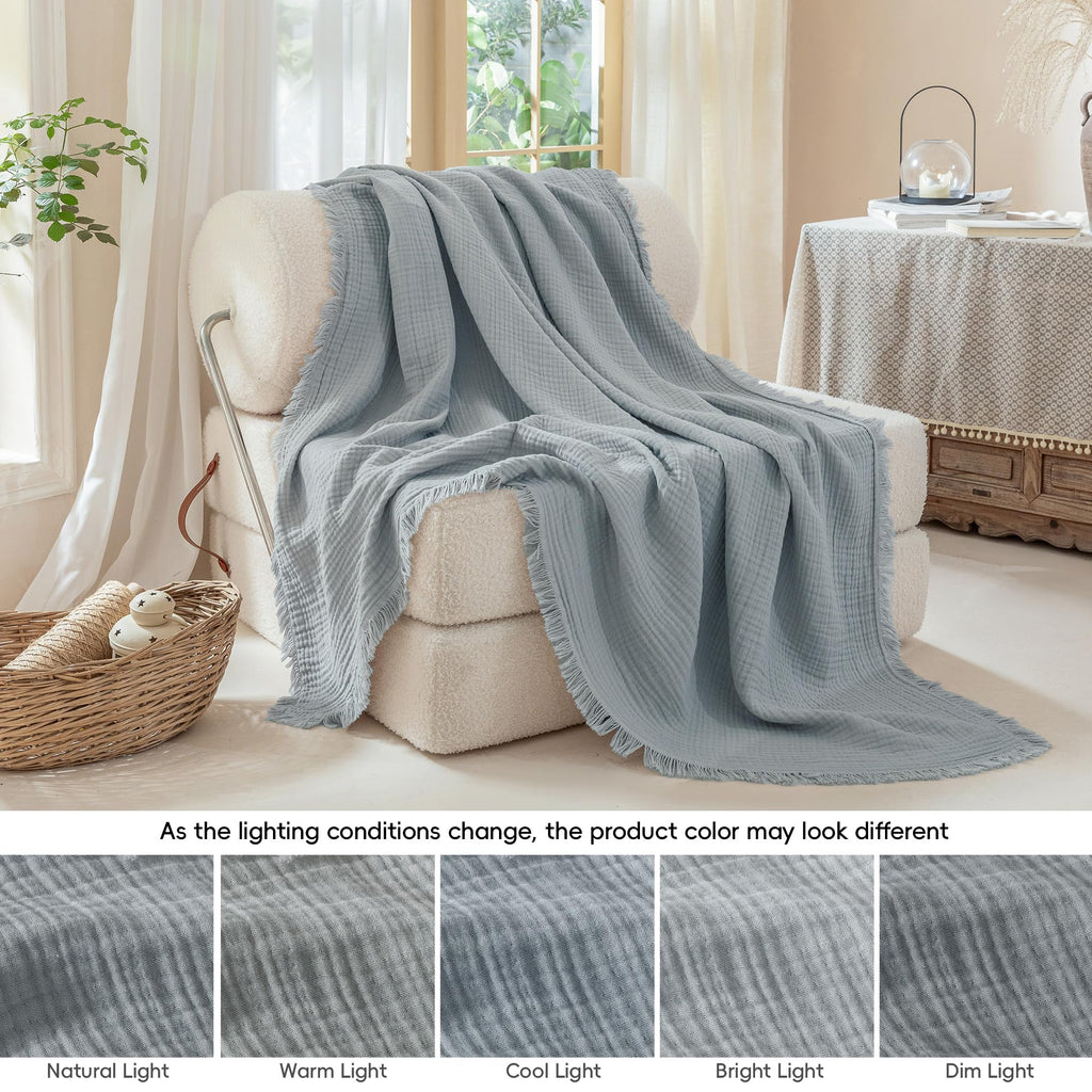 Muslin Fringe Throw Blanket 100% Cotton 4-Layer Airy Gauze