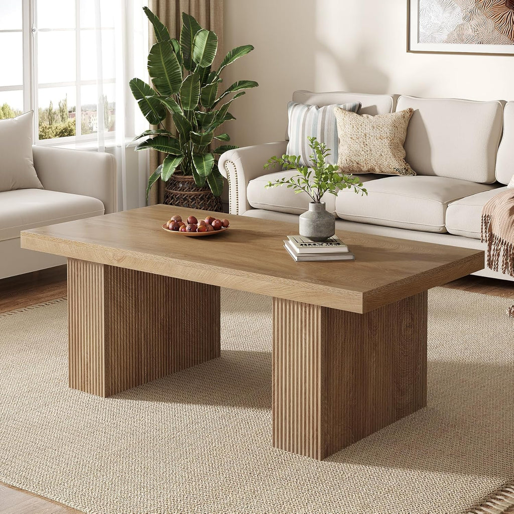 Farmhouse Coffee Table, 47.24 Inch Rectangle Center Table with Large Tabletop & Thick Base, Rustic Wooden Furniture