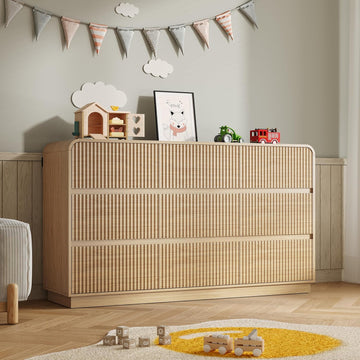 Dresser with 9 Drawers, Fluted Chest of Drawers with Round Curved Corner, Hidden Handles, Modern Wood Storage
