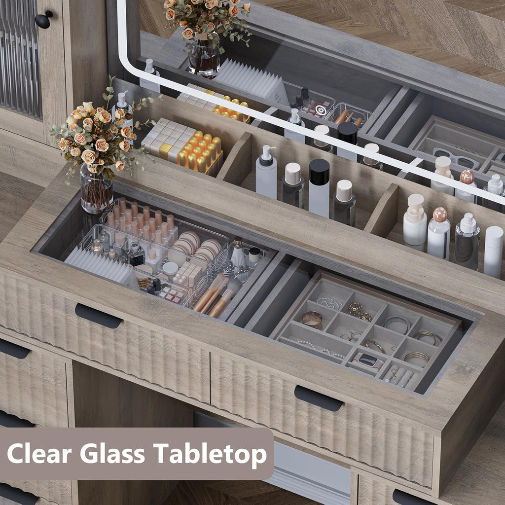 Fluted Makeup Vanity Desk with Mirror and Lights, 55" Glass Top Vanity with 8 Drawers & 4 RGB Glass Cabinets
