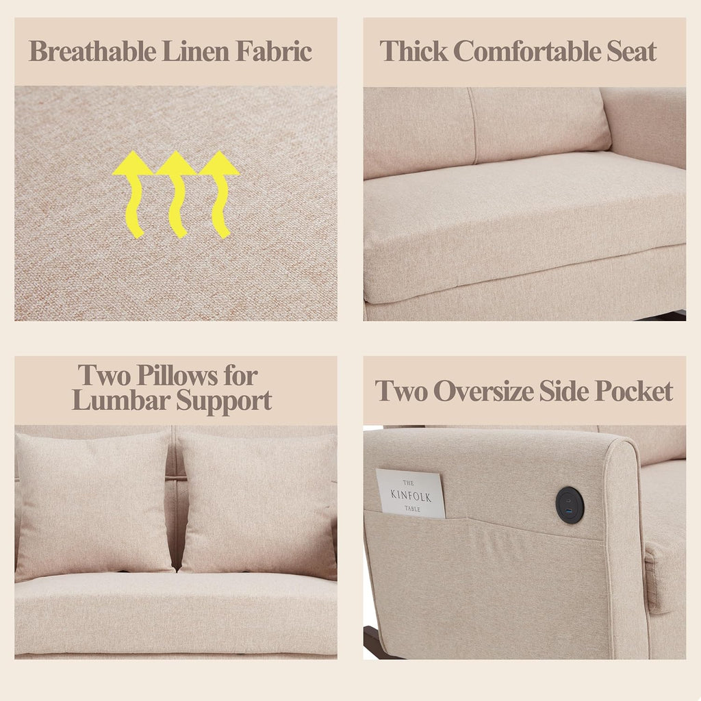 Rocking Chair, Upholstered Nursery Rocking Chair with High Back and Side Pocket USB Port, Double Wide Rocker Glider