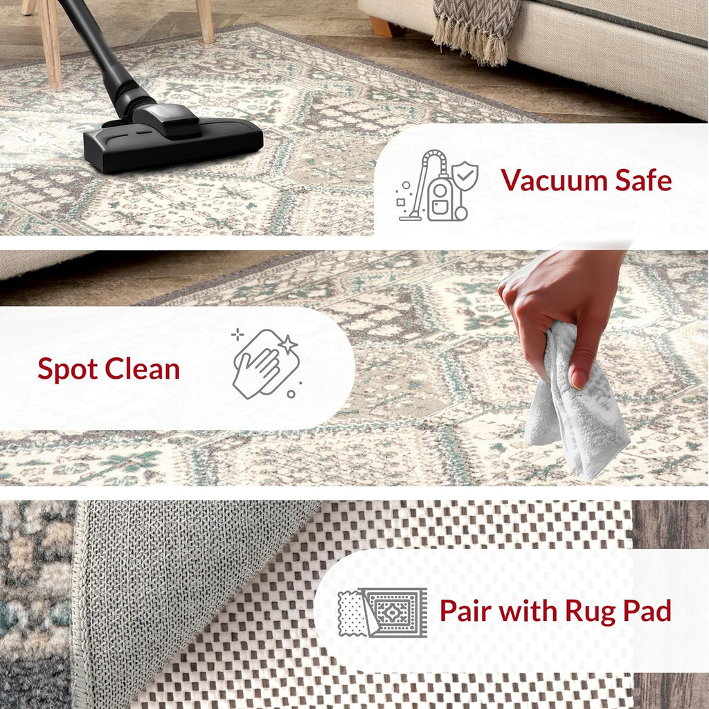 12' x 15' Becca Traditional Tiled Area Rug, Charcoal, Faded Transitional Design, Stain Resistant