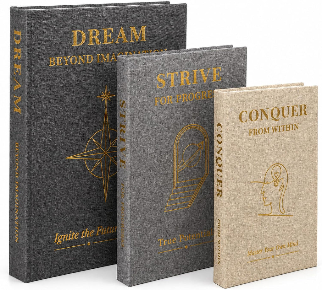 Coffee Table Books Decor, Set of 3 Neutral Linen Decorative Books with Gold Foil Inspirational Quotes for Desk