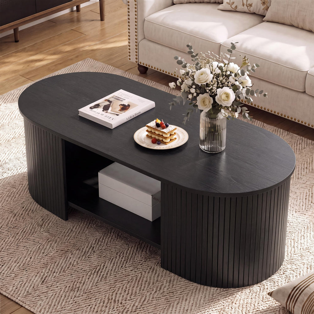 47" Oval Fluted Coffee Table, 2-Tier Storage Center Table, Mid-Century Modern Wood Table, Small Space, Home Office