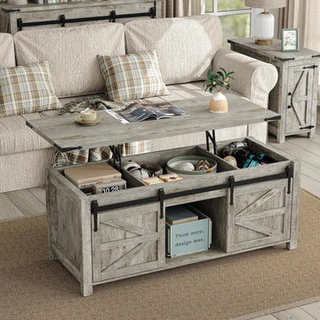 Lift Top Coffee Table, 47.3'' Farmhouse Coffee Table with Large Hidden Storage Compartment & Sliding Barn Doors