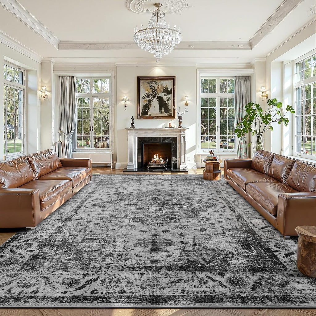 Boho Washable Rug 8x10, Black Vintage Non Slip Area Rug, Distressed Indoor Carpet for Living Room Bedroom Kitchen Office
