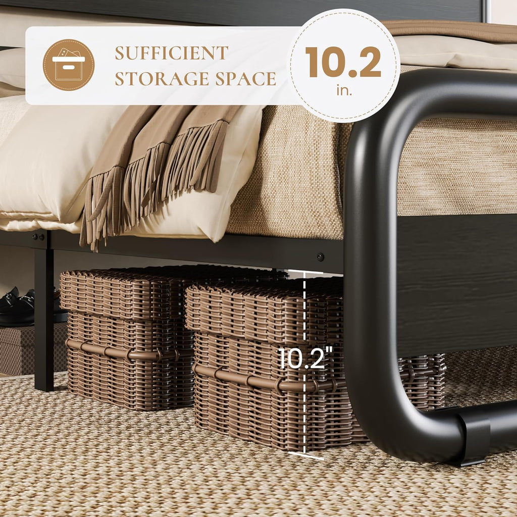 King Metal Bed Frame with Wooden Headboard and Footboard, Heavy Duty Platform Bed Frame with 10" Under-Bed Storage
