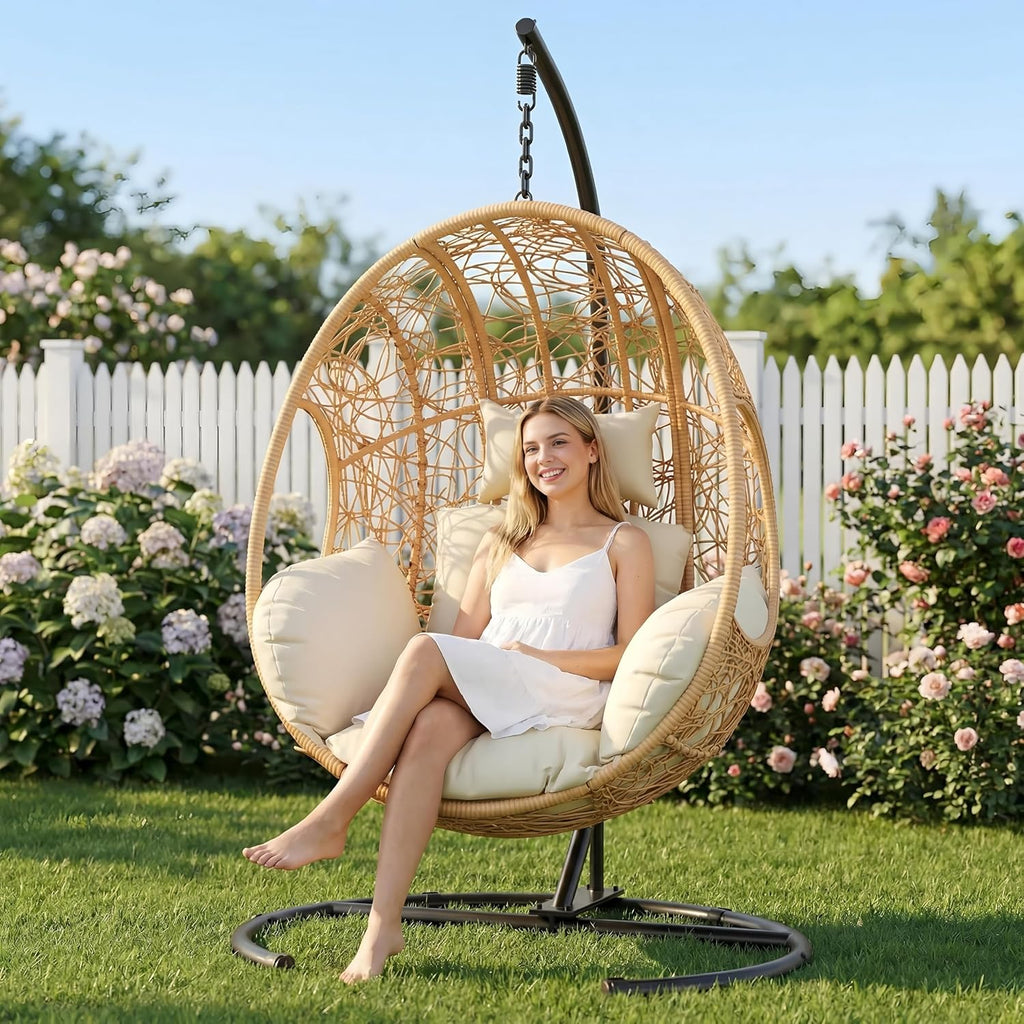 Oversized Hanging Egg Chair Outdoor Indoor, Wicker with Stand 400lbs Capacity , Garden and Balcony (Beige-nest