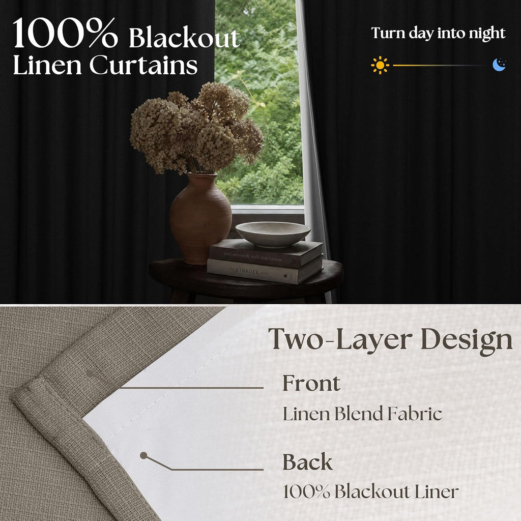 Dark Taupe Blackout Pinch Pleated Curtains 2 Panel Set for Living Room Darkening Thick Linen Textured 100%
