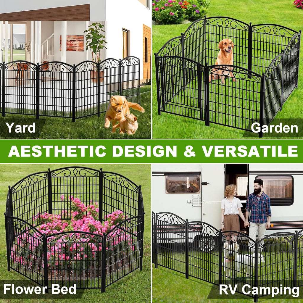 12 Panels No Dig Decorative Garden Fence with Gate, 31.3in(H) x 26ft(L) Rustproof Animal Barrier Metal Dog Fence