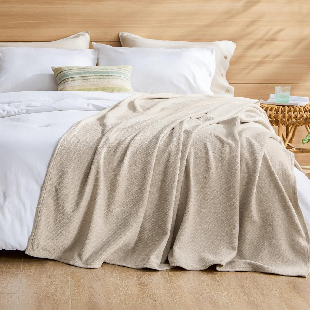 GentleSoft 100% Cotton Large Throw Blanket, Soft Cozy Herringbone Woven Cotton Throw for Summer, Linen Beige Office
