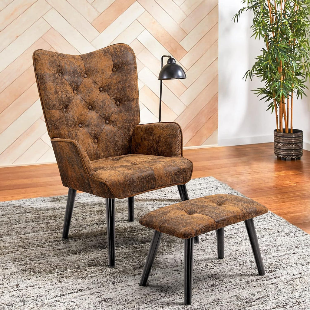 Accent Chair with Ottoman, Brown Button Tufted Wingback Chair | Soft Upholstered Fabric; High Density Thick Sponge;