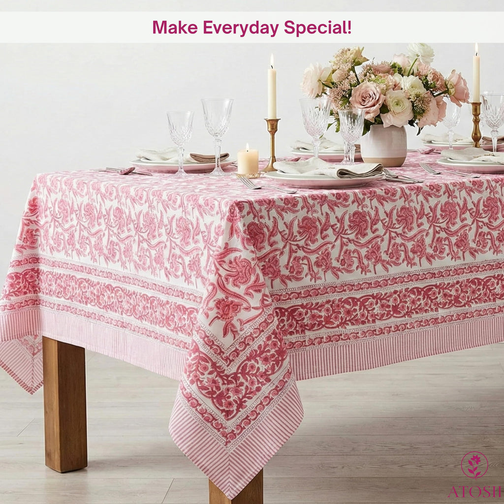Cotton Blockprint Rectangle Table Cloth, Red Bloom, 90" X 60"
