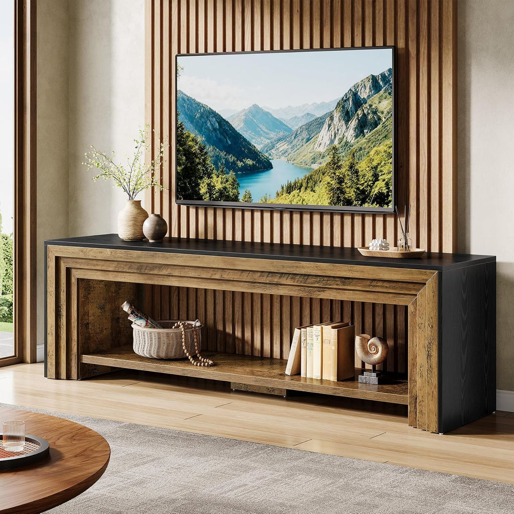 70" Long TV Stand for 75-Inch TV, Farmhouse Entertainment Center | Low Media Console Wooden Television Stand for Living Room, Bedroom Open Storage Shelves, Two-Tone Design Rustic Brown & Black