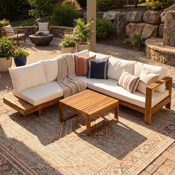 4pc Acacia Wood Outdoor Sectional Sofa Set with Cushions | Slatted Design - Modern Patio, Deck & Garden Seating for