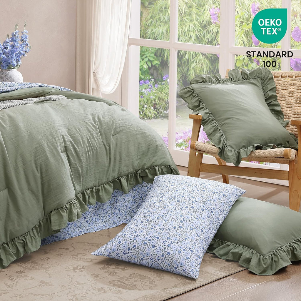 Comforter Set - 7 Pieces Ruffle Sage Green Bedding Sets
