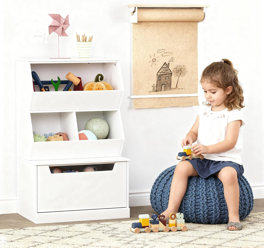 Slanted Kids Toy Storage Organizer, Children Storage Cubby with Drawer | Kids Bookshelf and Bookcase, Full-Width
