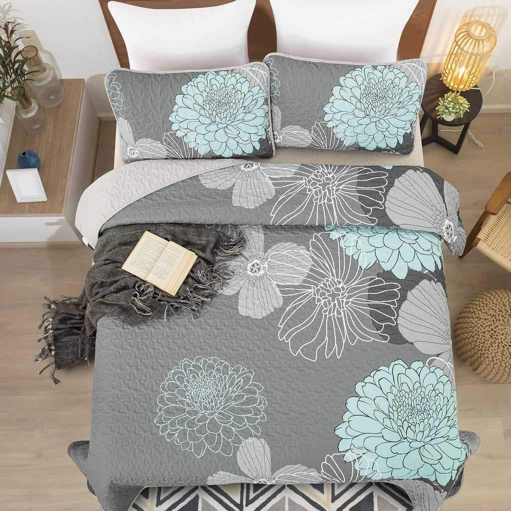 Green Floral Quilt Set - 3 Pieces Boho Flower Quilt Coverlet Elegant Bohemian Bedspread with 2 Pillowcases Soft