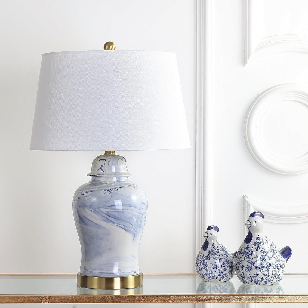 26" Blue and White Marble Ceramic Table Lamp, Traditional Ginger Jar Style with Brass Gold Base