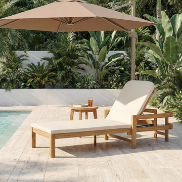 Outdoor Acacia Wood Chaise Lounge with Adjustable Backrest & Water-Resistant Cushion, 4-Position Patio Recliner