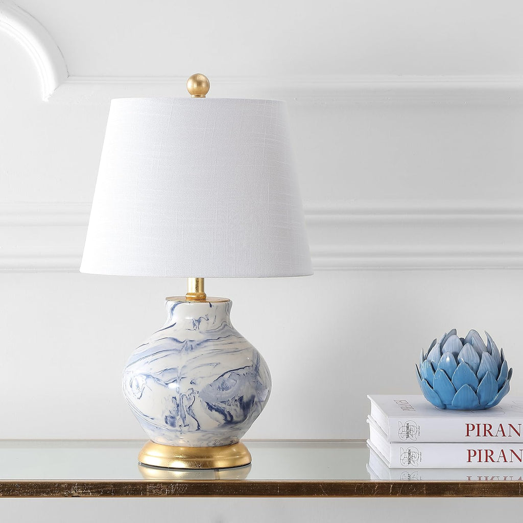 20.5" Blue/White Marbleized Ceramic Table Lamp, Contemporary Traditional Bedside Lamp, Gold Accents