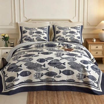 3-Piece Cotton Coastal Quilt Set, Navy Fish Bedspread with Shams