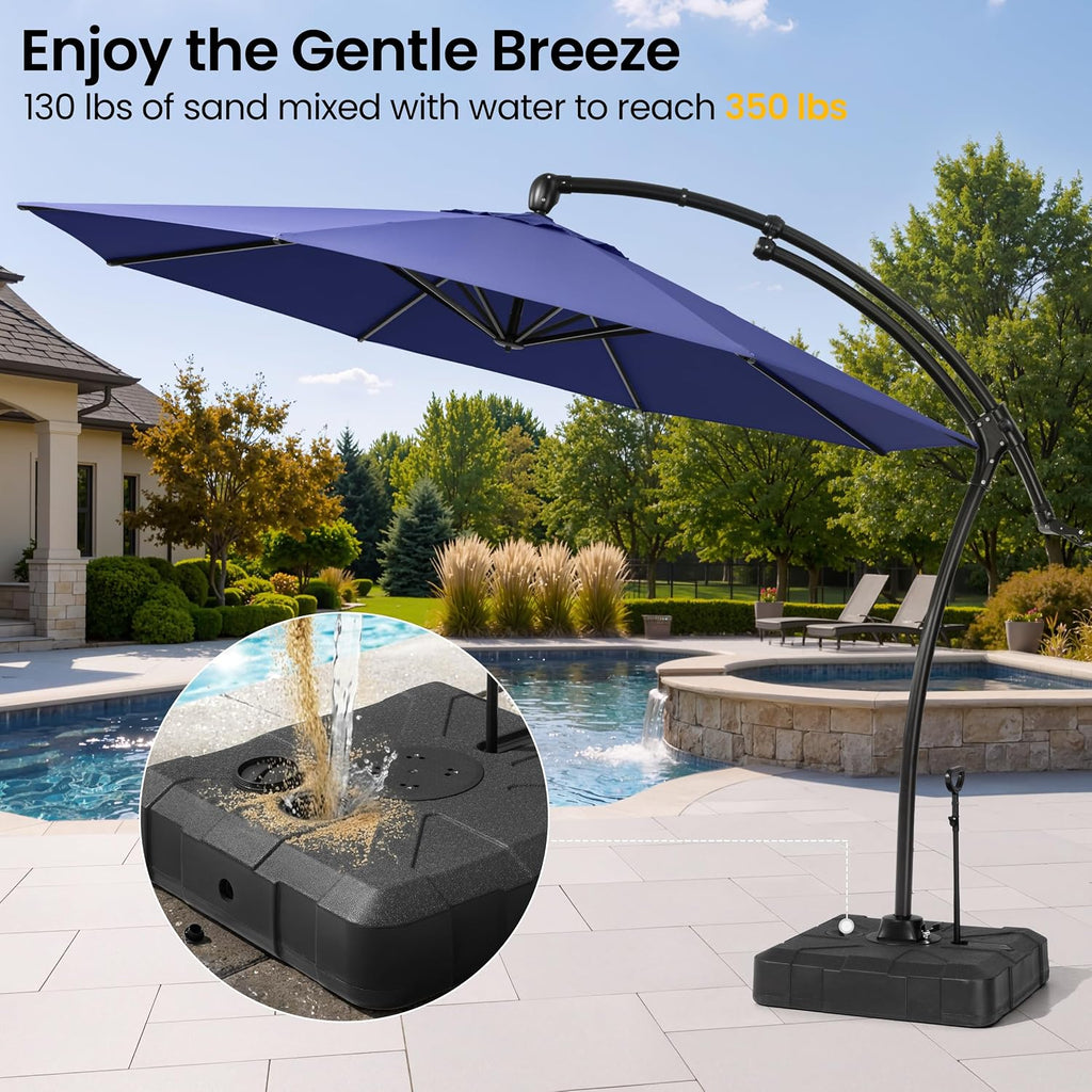 9-11FT Offset Cantilever Umbrella with 350LBS Wheeled Base Included | 360-degree adjustment, Aluminum & iron fra - RYHH