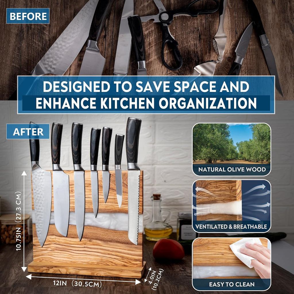 Magnetic Knife Block Stand - Italian Olive Wood Kitchen Knife Holder Rack with Resin Flow Design - Double Sided
