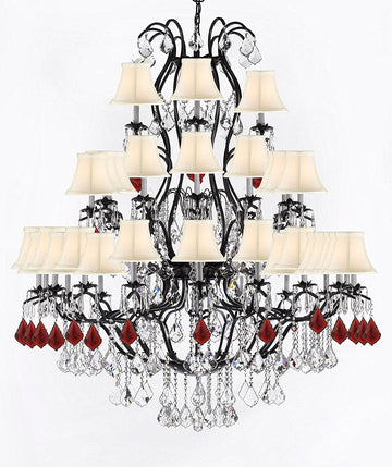 Large Wrought Iron Chandelier Chandeliers Lighting With Ruby Red Crystals H60" x W52" - Great for the Entryway, Foyer, Family Room, Living Room w/White Shades - A500-B98/WHITESHADES/3031/36