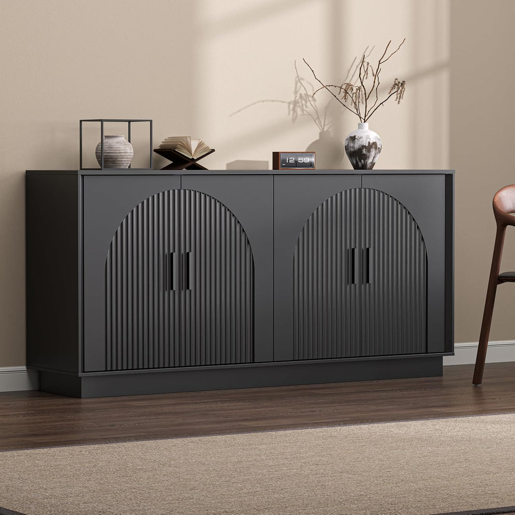 Buffet Cabinet with Storage, 65" W Fluted Sideboard Buffet Cabinet with Adjustable Shelves, Single-Box Modern Wood