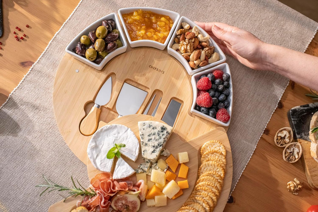 Charcuterie Board Set and Cheese Serving Platter - Made from Bamboo Wood - US Patented 13 inch Cheese Board and Knife