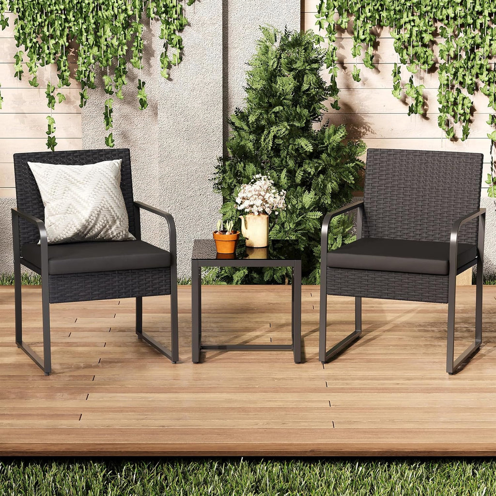 3 Pieces Patio Bistro Sets, Outdoor Rattan Conversation with Glass Table, Wicker Furniture Set with Cushion
