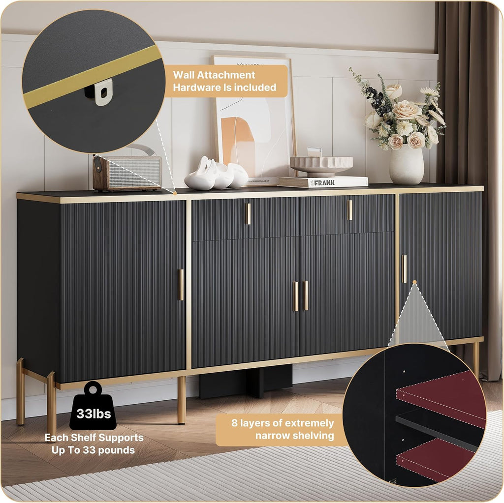 60" Modern Sideboard Buffet Cabinet, Fluted Storage Sideboard with Adjustable Shelves & Pop-Up Doors, Multifunctional