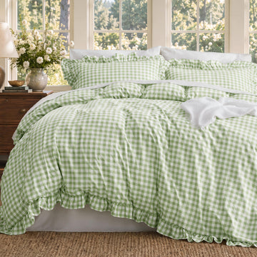 Gingham Ruffle Duvet Cover Set, King, Cotton-Like Bed, Sage Green