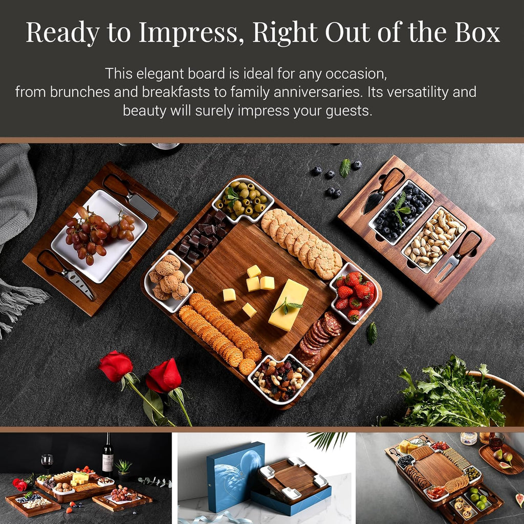 Upgraded Acacia Cheese Board Set, Square Shaped Charcuterie Set, Cheese Platter, Handcrafted Design and Stainless