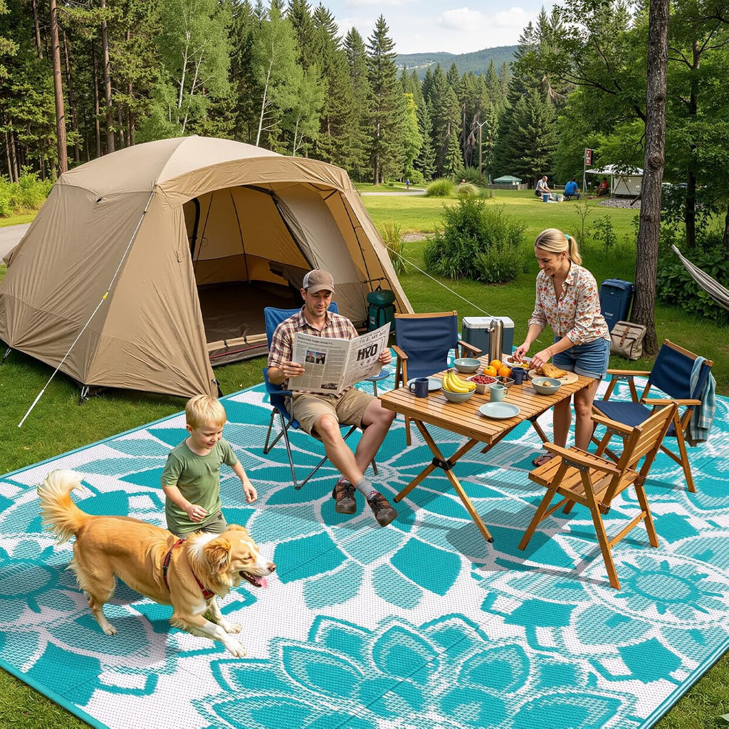 Outdoor Rug for Patio 9x12 ft Reversible Plastic Straw Patio Camping Rug, Floral Waterproof RV Mat f