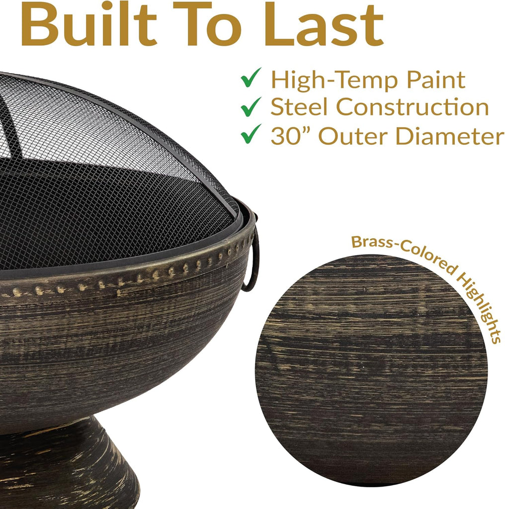30-Inch Large Outdoor Fire Pit - Wood Burning Fire Pit for Outside with Poker and Screen - Black Finish - Regal Cauldron