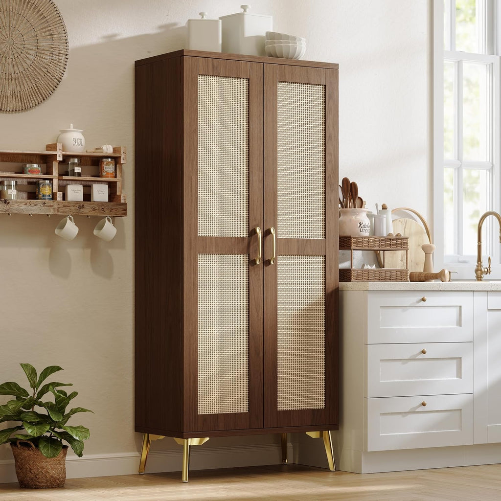 Tall Bathroom Storage Cabinet 57" Rattan Pantry Cabinet, Walnut | With Doors and Adjustable Shelves, Freestanding
