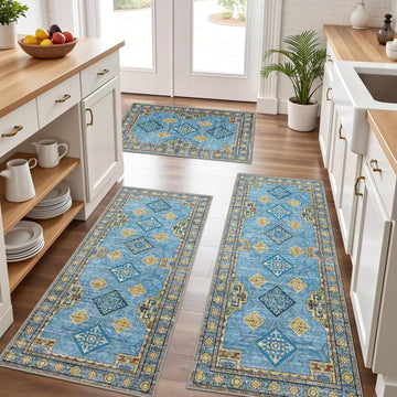 Kitchen Rugs Sets of 3 Non Slip Washable Kitchen Mats for Floor, Light Blue