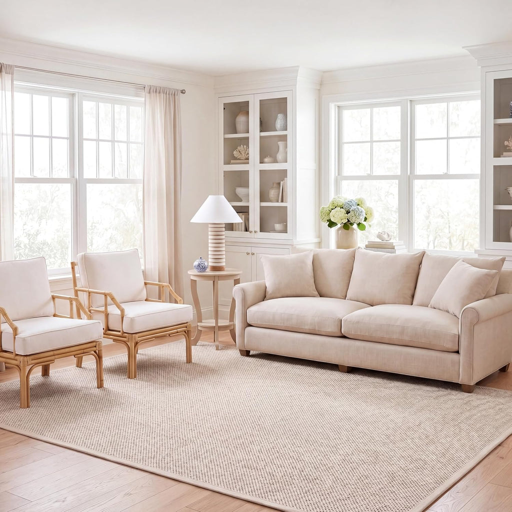 Area Rug 9x12 - Natural Fiber - Large - Marble & Beige, Sisal, Woven Design with Border