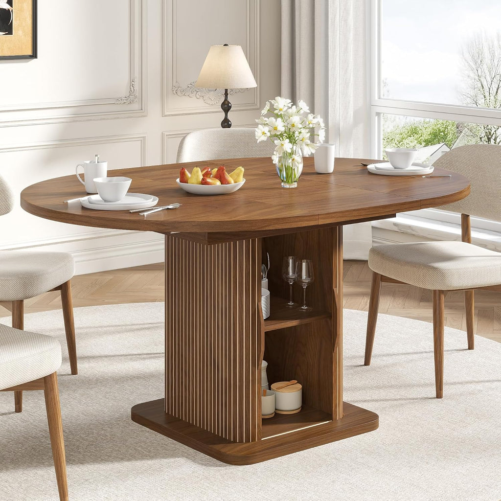 Extendable Round Dining Table for 4-6-8, 59 Inch Dining Room Kitchen Table with Storage, Fluted Wood Slide Door