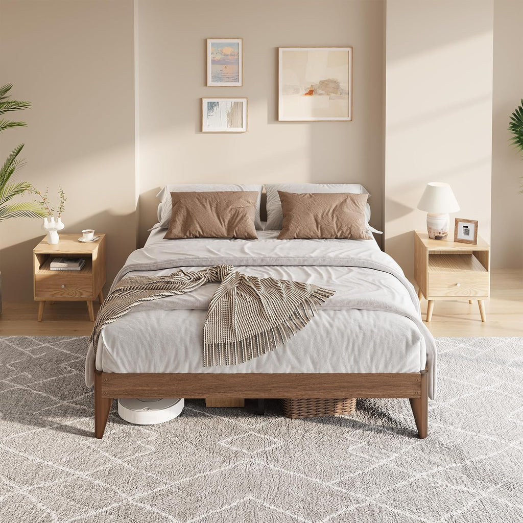 Wood Platform Bed Frame Queen, Solid Wooden Legs and Wooden Slats Support, Sturdy Metal Central Structure, No Box