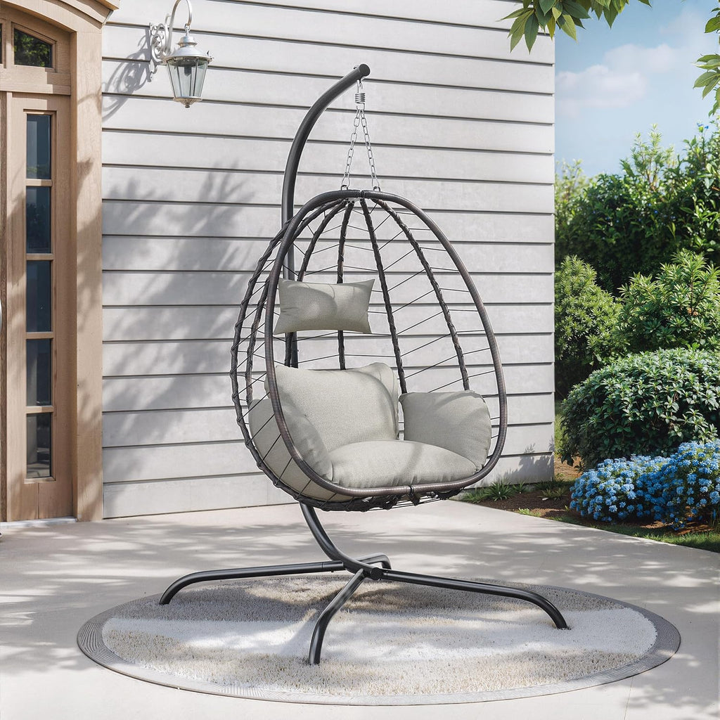 Outdoor Hanging Textilene Egg Chair with Stand,Foldable Patio Wicker Hammock Chair with UV Resistant