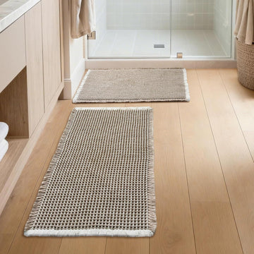 Bathroom Rugs Sets 2 Piece - Waffle Bath Mat Non Slip, Washable Bathroom Mats Absorbent Soft Boho Decor, Quick Dry
