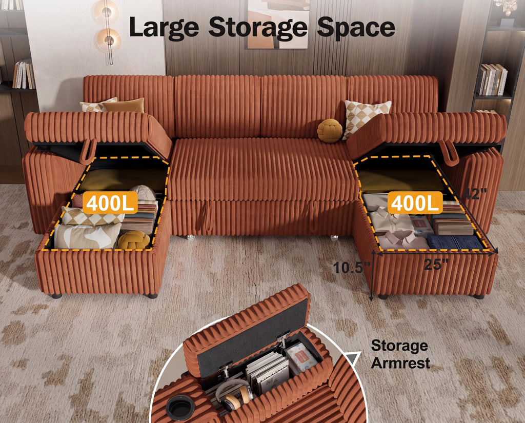 108" Modular Sectional Sleeper Sofa with Pull Out Bed, 4 Seat Plush Corduroy U Shaped Couch with USB Ports|Cup