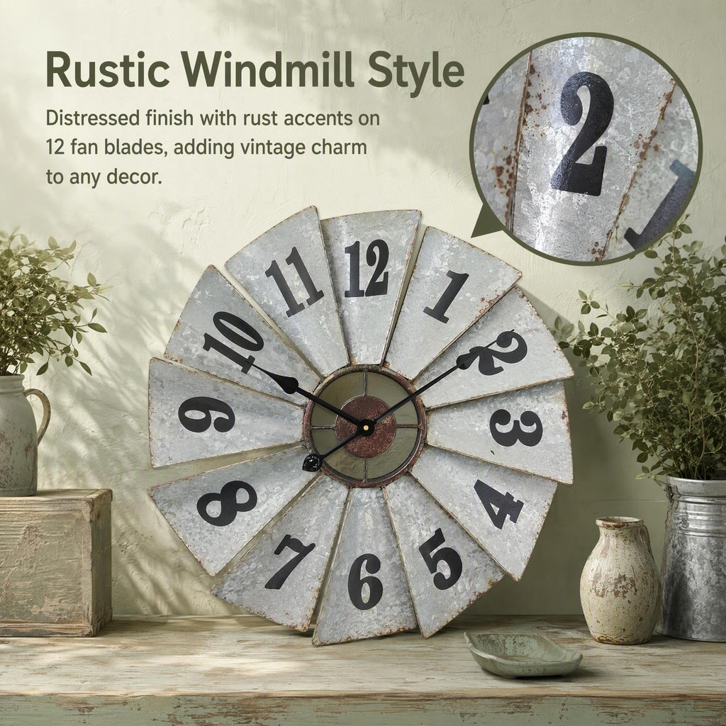24 Inch Rustic Windmill Wall Clock - Galvanized Metal Farmhouse Decor, Silent Battery Operated Vintage Industrial