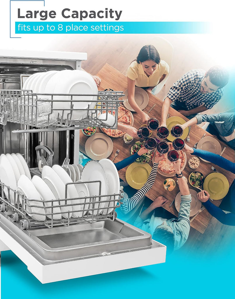 18” Portable Dishwasher, Compact Dish Washer with 8-Place Setting Capacity, Stainless Steel Tub, 6 Wash Programs