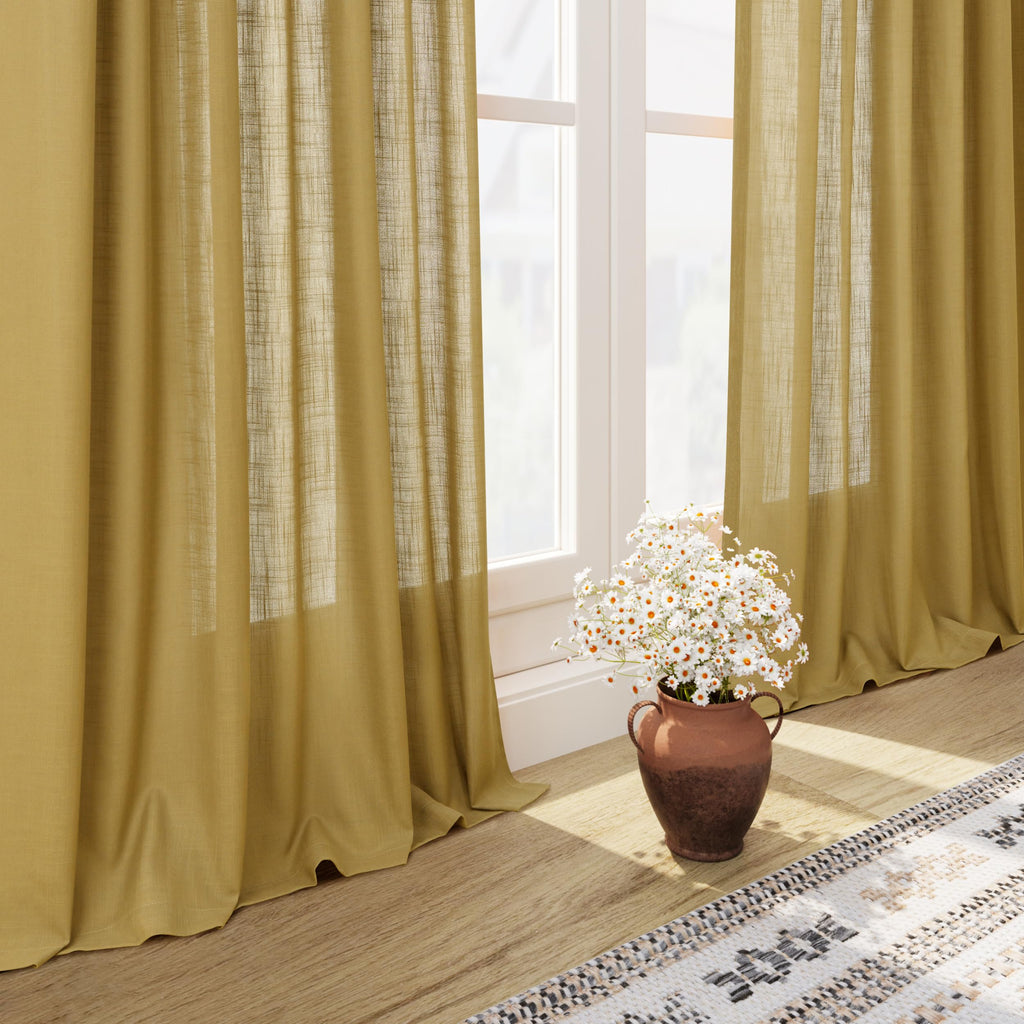 Gold Linen Curtains 63 Inches Long 2 Panel Sets Bedroom Rod Pocket Back Tab Light Filtering Drape Window Short