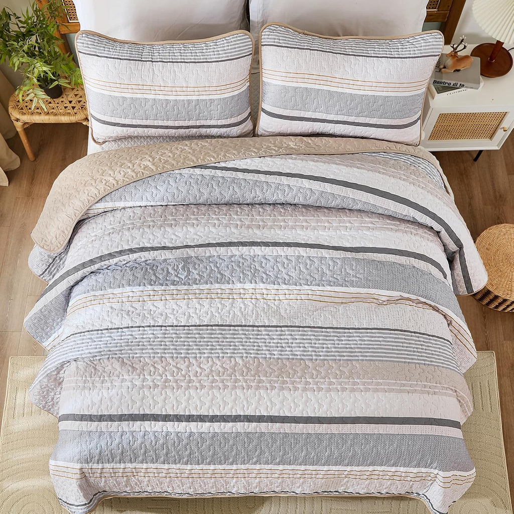 King Quilts Khaki, 3 Pieces Grey Boho Striped Bedspread Bedding for King Bed, Soft Lightweight Microfiber Bohemian