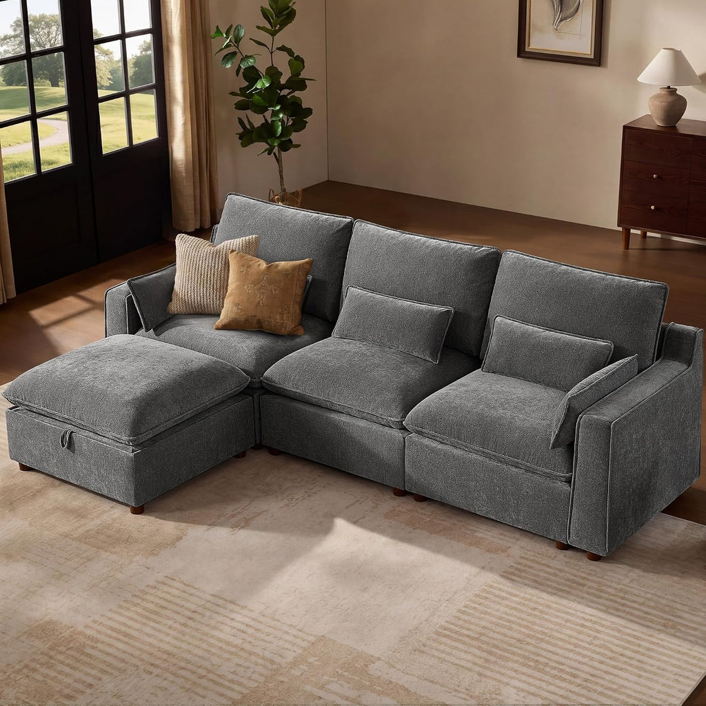 Modern Modular Sectional Sofa,103" L Shape Minimalist Couch with Storage Ottoman,Comfty 4 Seat Sofa ,Grey Chenille